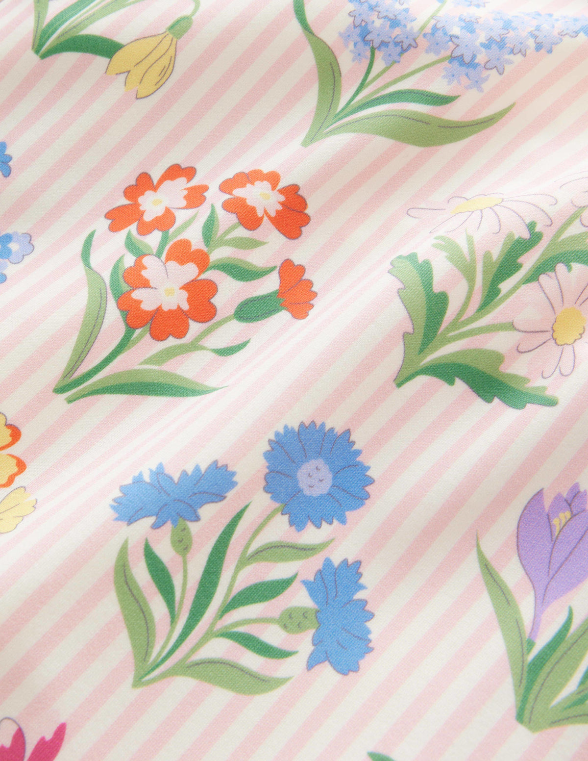 Printed Puff-sleeved Swimsuit-Pink Ticking Stripe Flowers-3