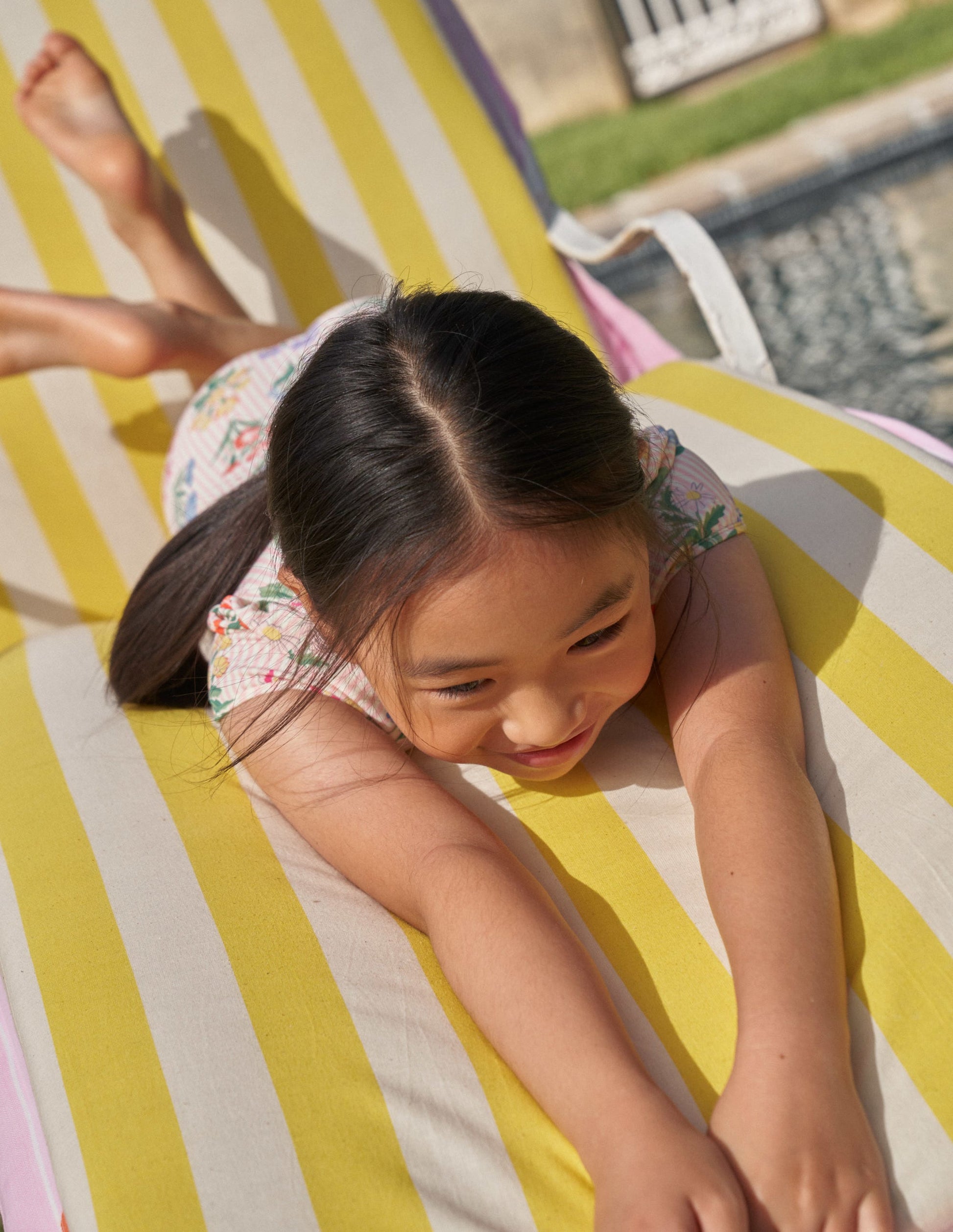 Printed Puff-sleeved Swimsuit-Pink Ticking Stripe Flowers-5