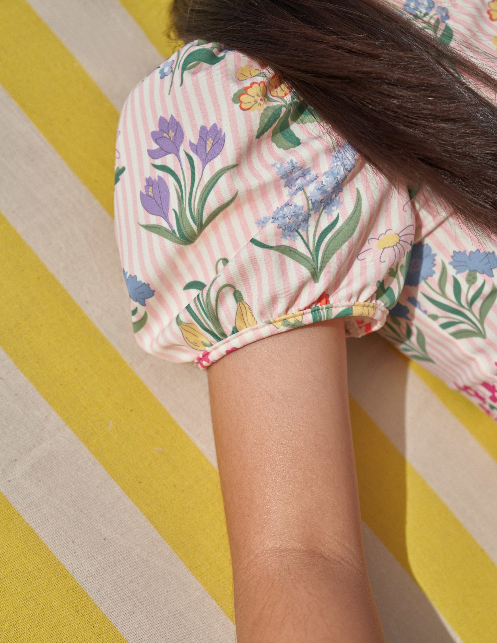 Printed Puff-sleeved Swimsuit-Pink Ticking Stripe Flowers-6