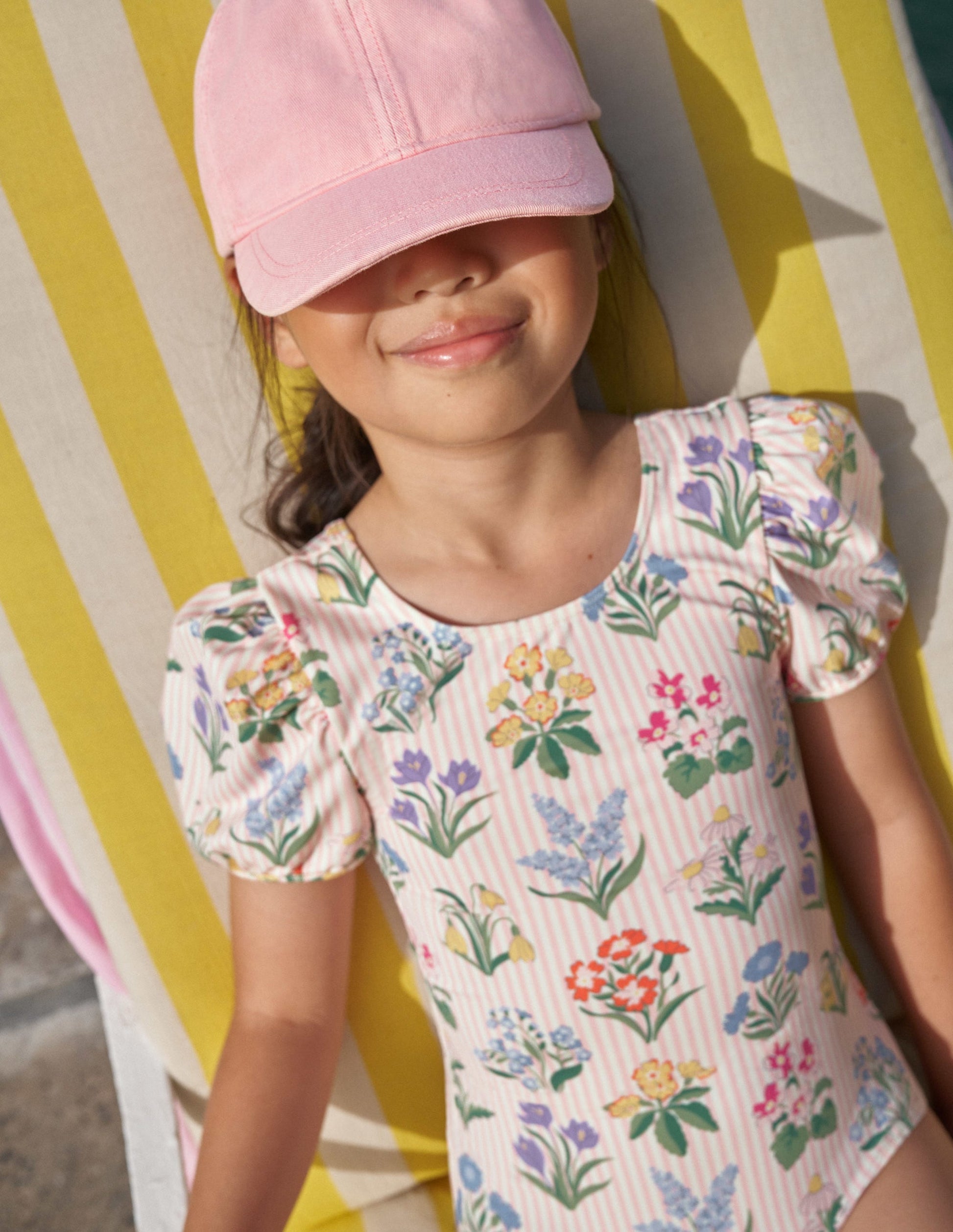 Printed Puff-sleeved Swimsuit-Pink Ticking Stripe Flowers-8