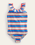 Frilly Swimsuit-Penzance Blue and Red Stripe