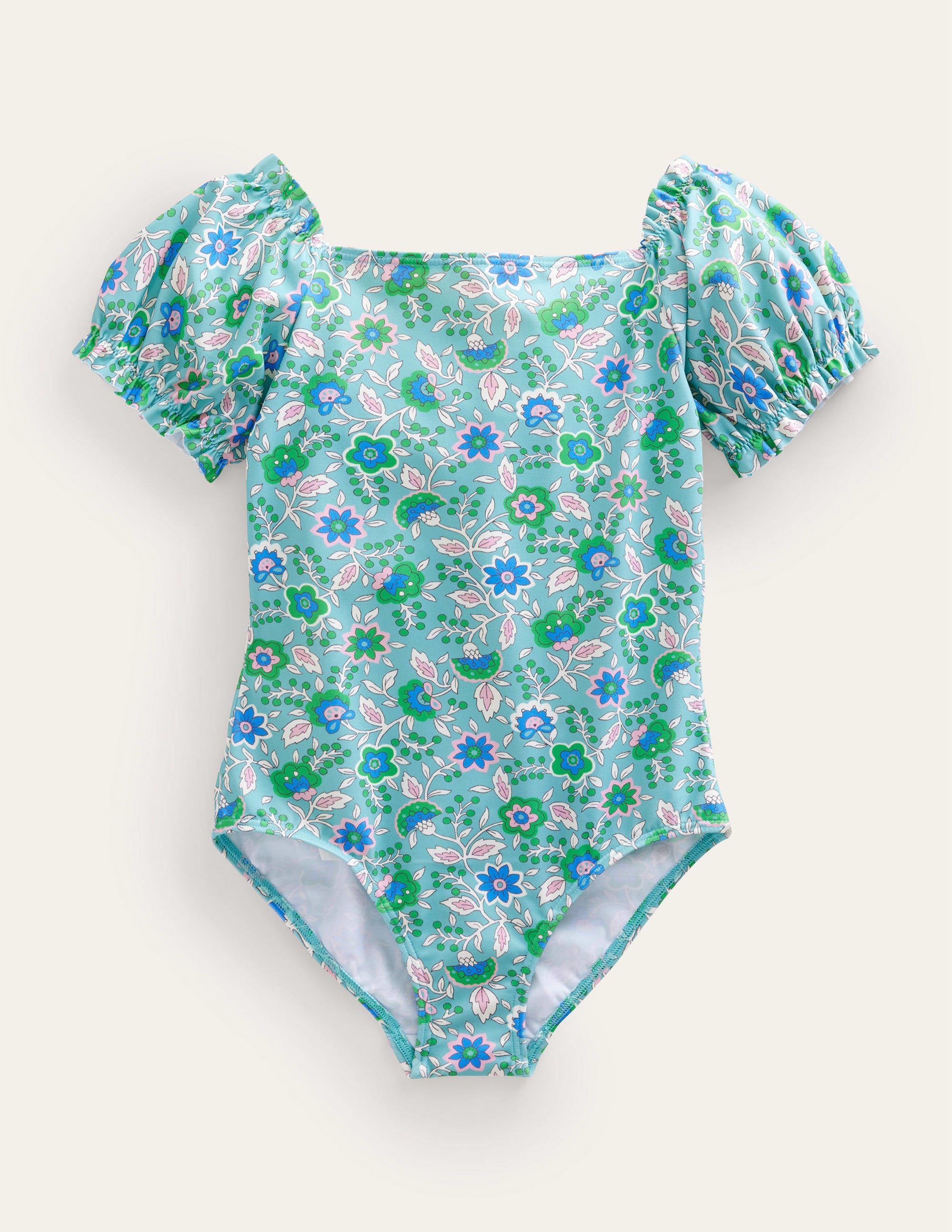 Puff Sleeve Swimsuit-Aqua Sea Floral Vine - Image 1
