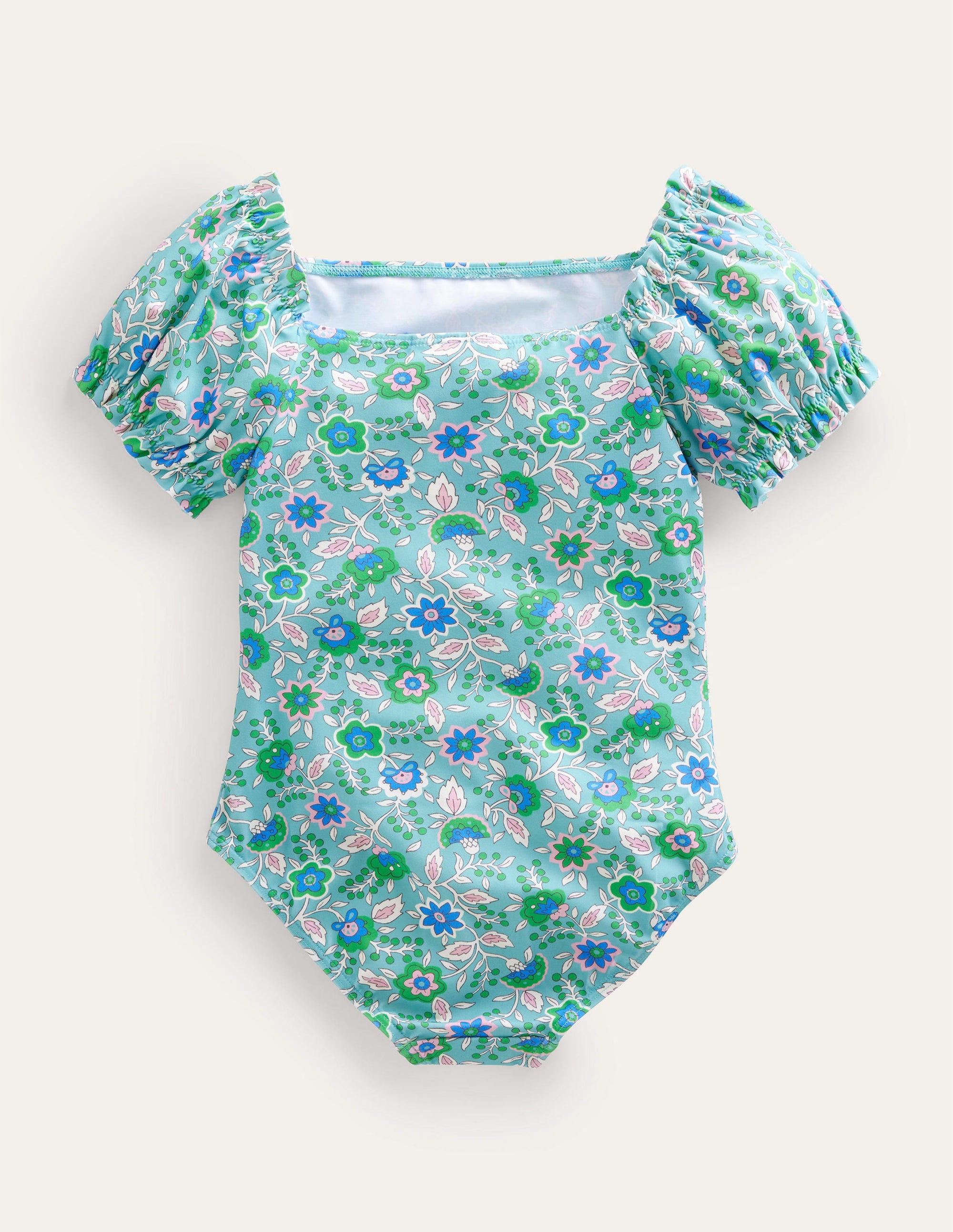 Puff Sleeve Swimsuit-Aqua Sea Floral Vine - Image 2