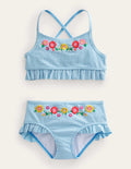 Embroidered Frilly Bikini-Ivory, Surfboard Blue Stripe
