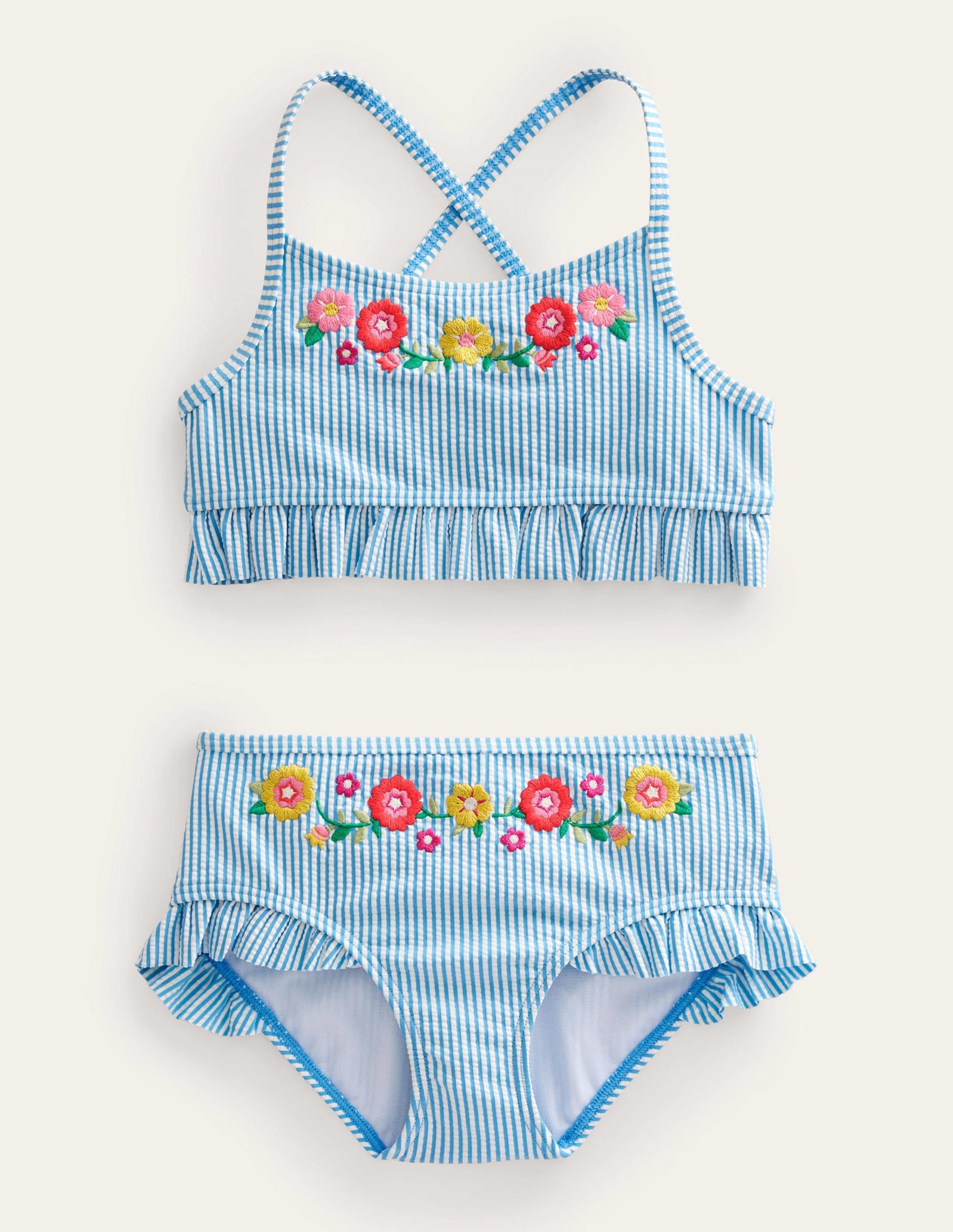 Embroidered Frilly Bikini-Ivory, Surfboard Blue Stripe - Image 1