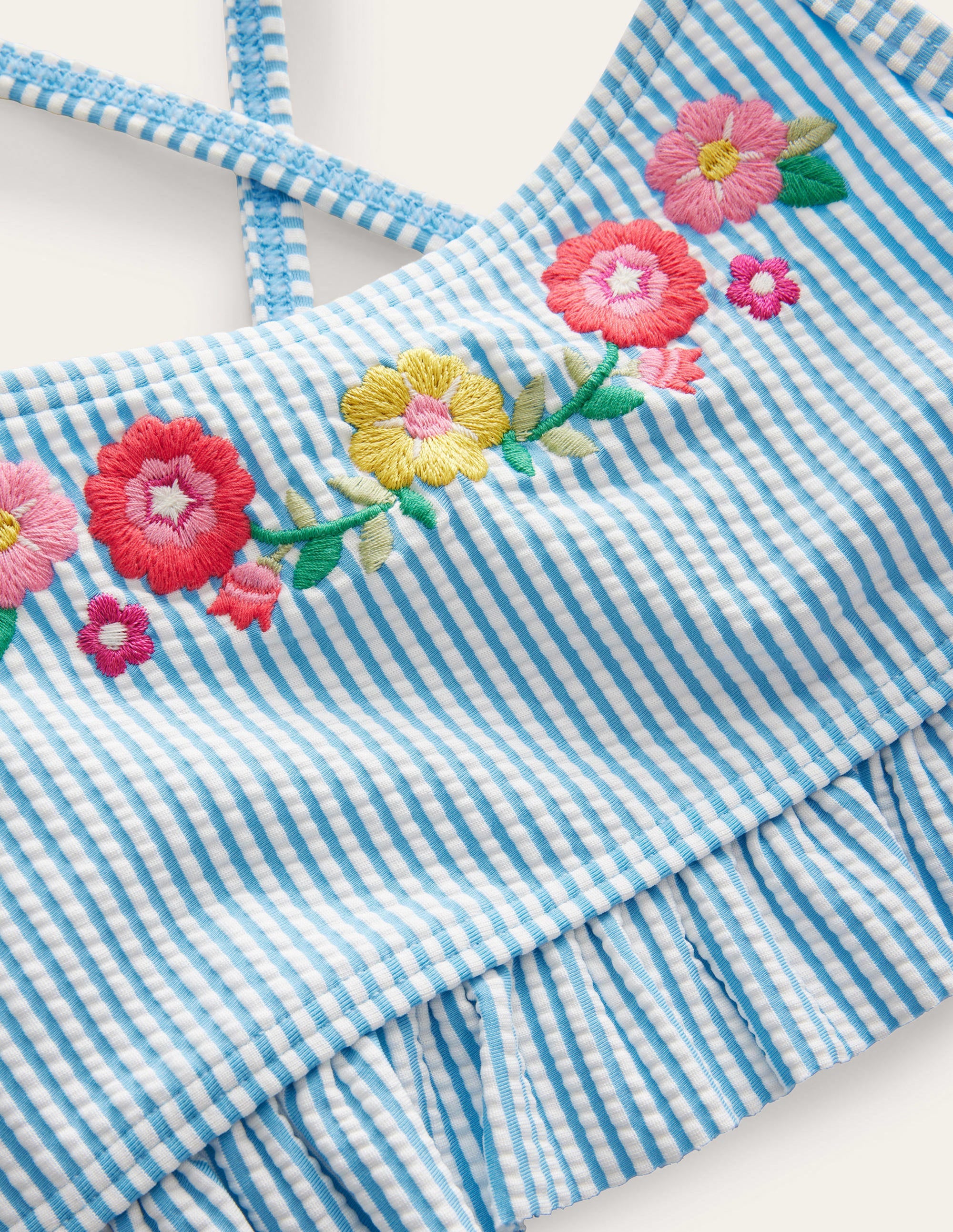 Embroidered Frilly Bikini-Ivory, Surfboard Blue Stripe - Image 3