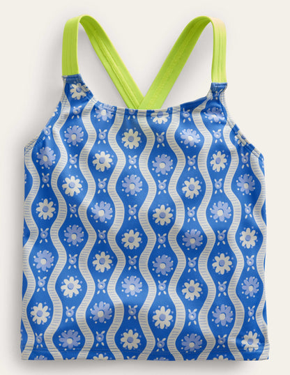 Cross Back Tankini Top-Penzance Blue Daisy Wave