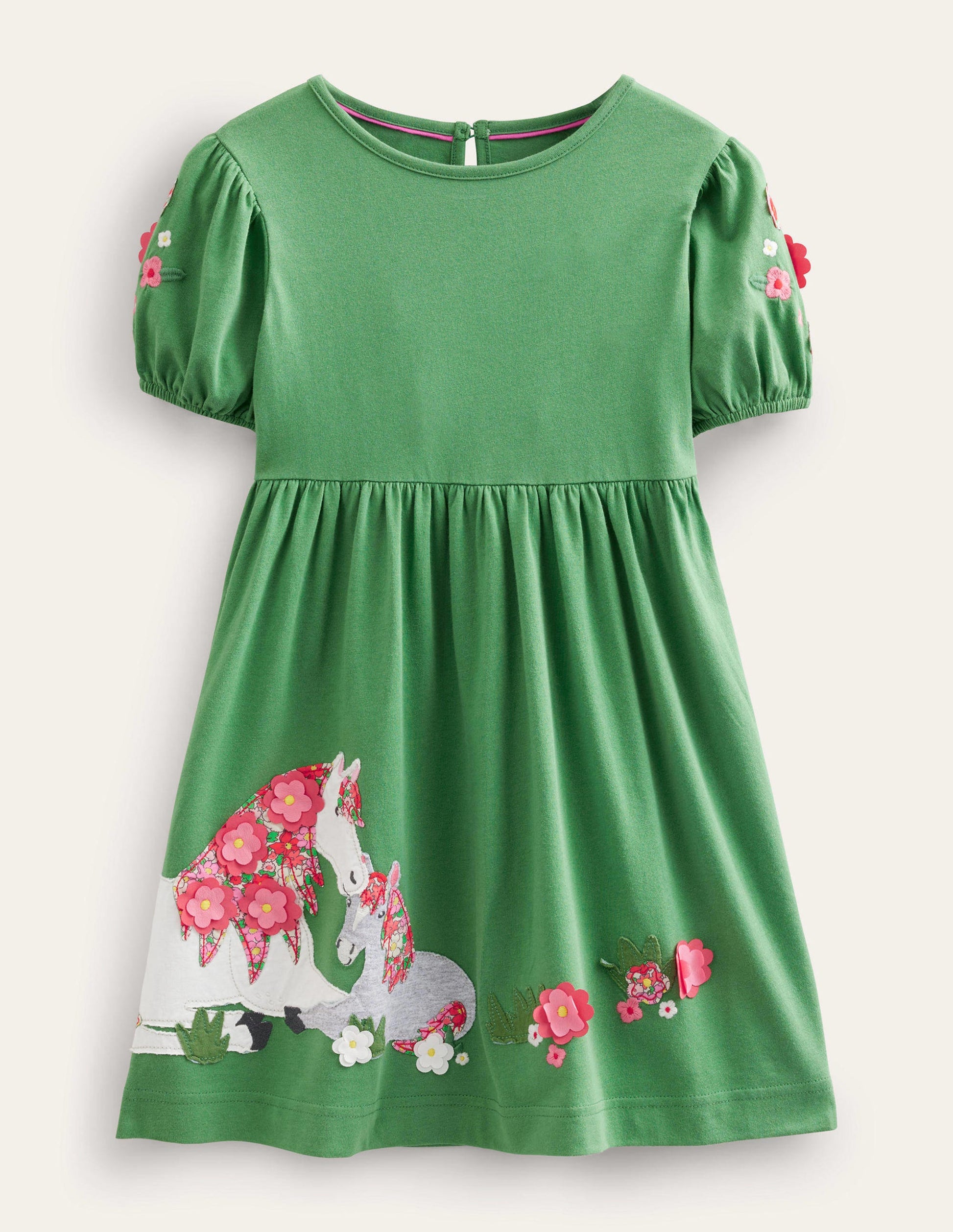 Jersey Appliqué Dress-Deep Grass Green Horses-1