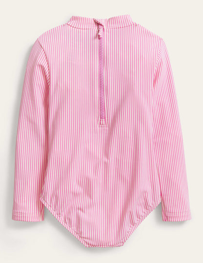 Long-sleeved Frilly Swimsuit-Tickled pink and ivory stripe-2