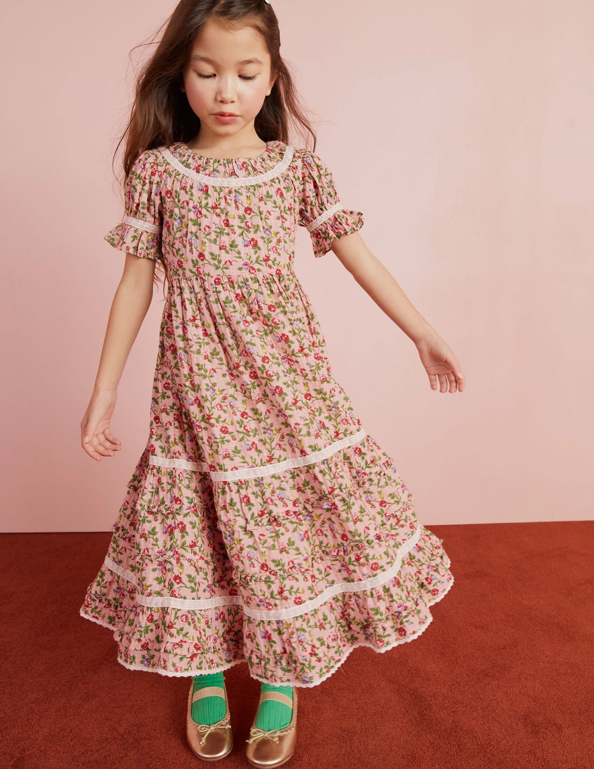 Printed Lace Trim Party Dress-Rambling Rose Pink-4