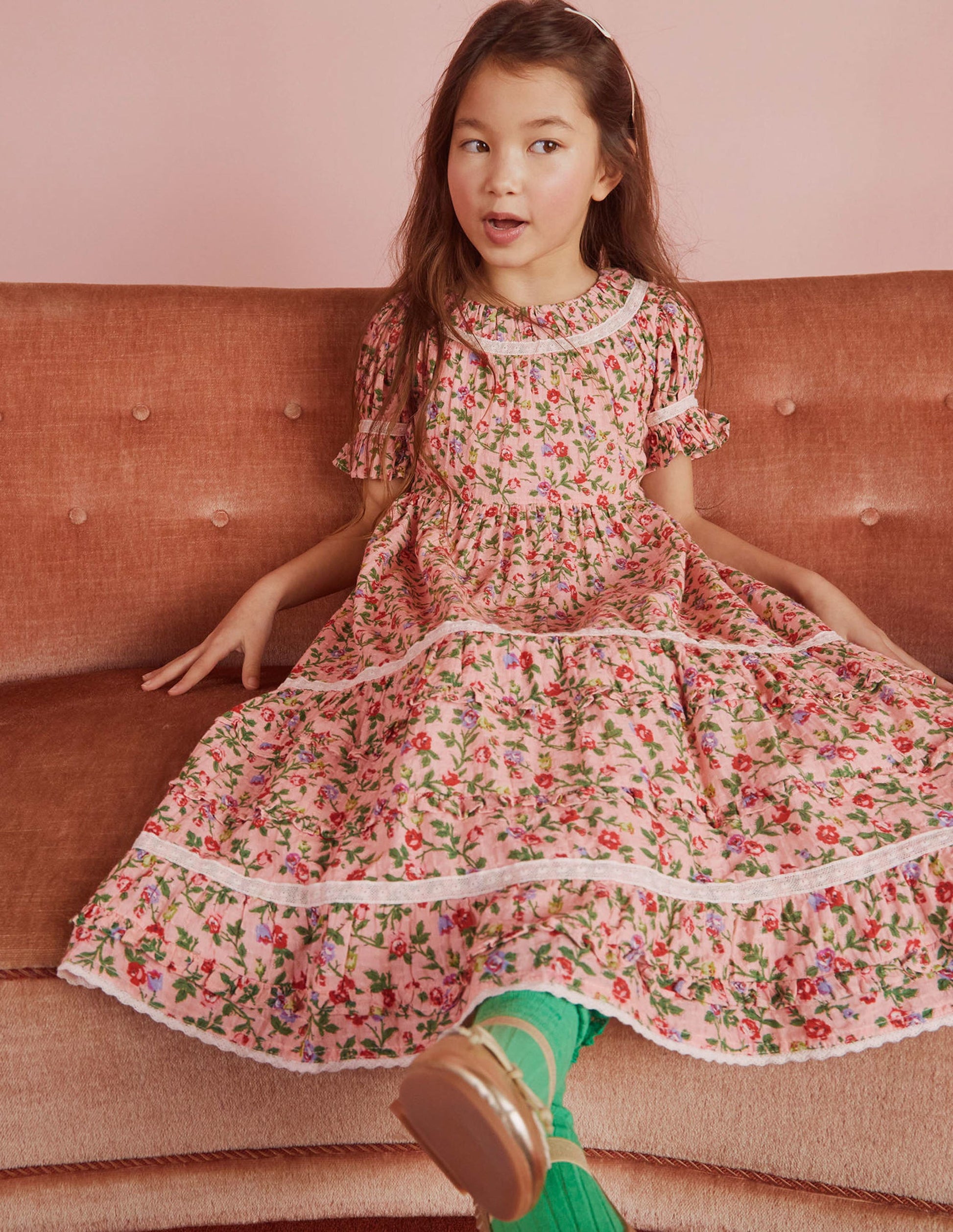 Printed Lace Trim Party Dress-Rambling Rose Pink-9