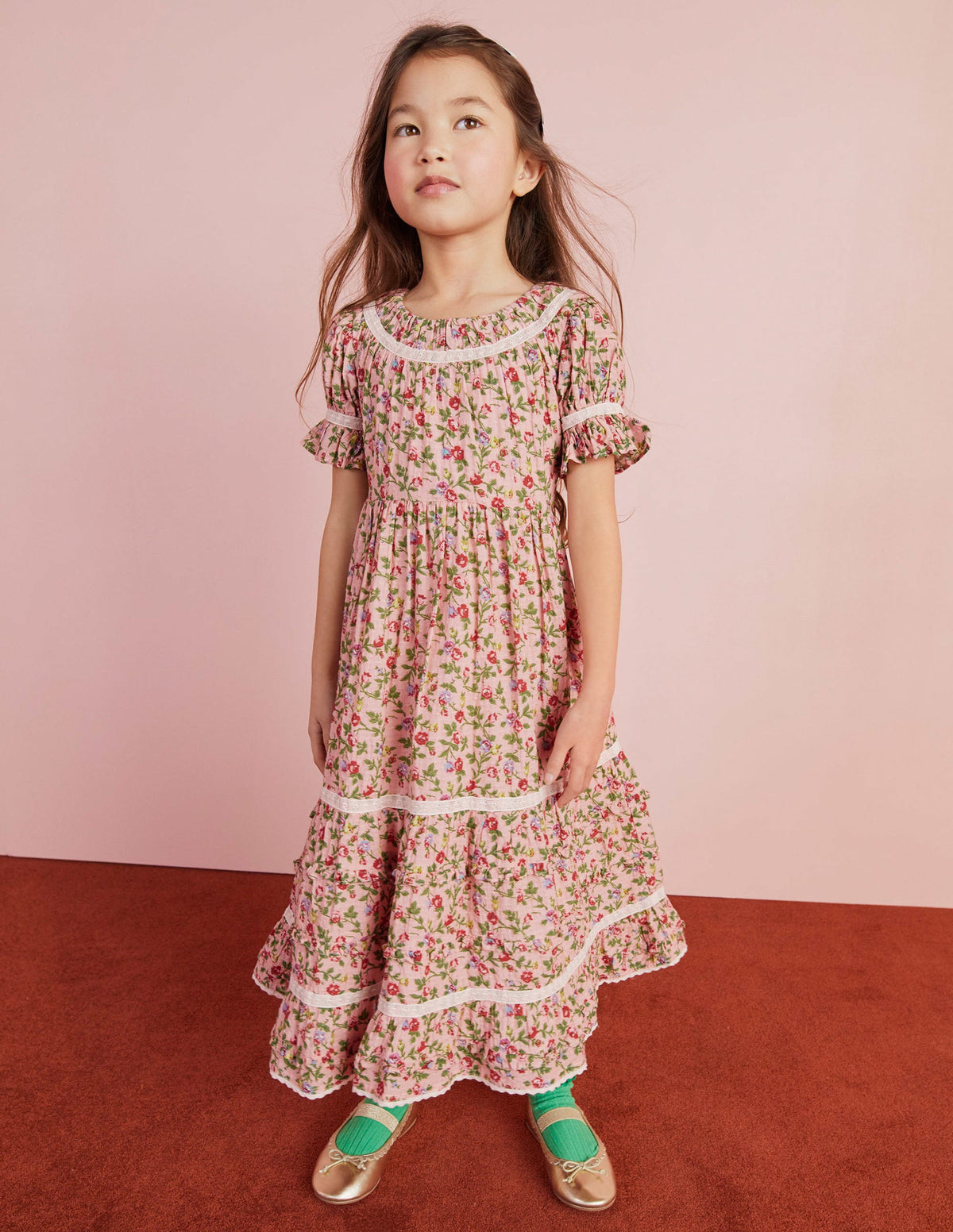 Printed Lace Trim Party Dress-Rambling Rose Pink-15