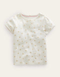 Short-Sleeved Pointelle Top-Ivory/Gold Suns
