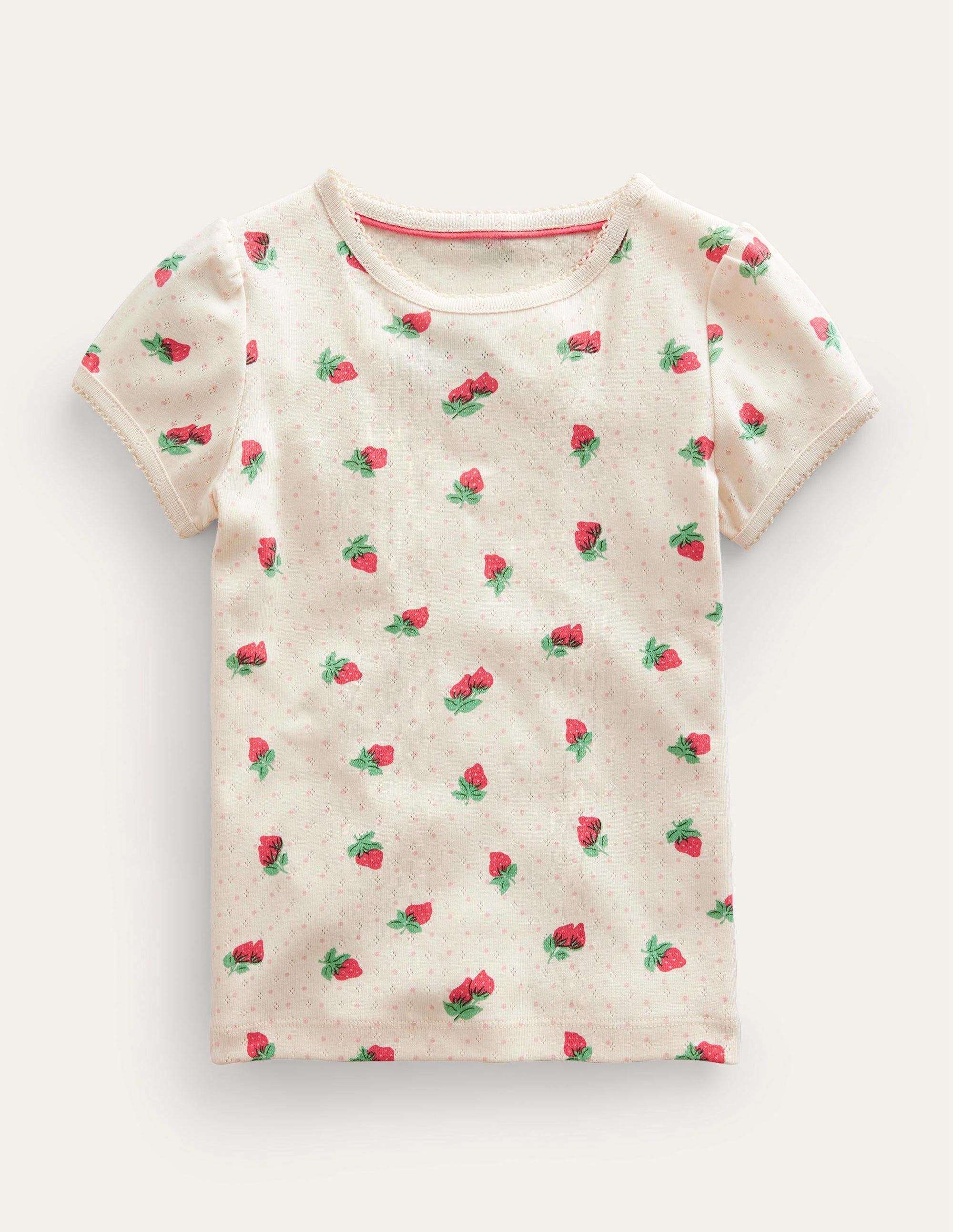 Short-Sleeved Pointelle Top-Ivory Strawberries - Image 1