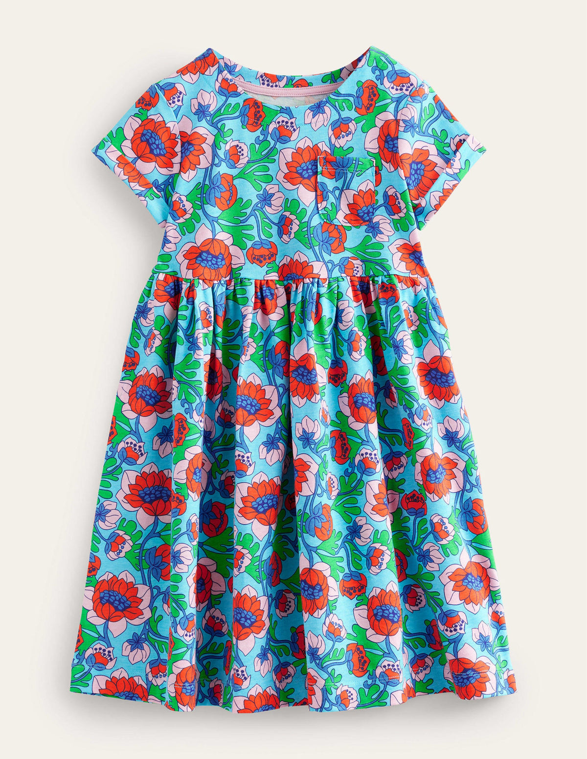 Short Sleeve Fun Jersey Dress-Aqua Blue Poppies - Image 1