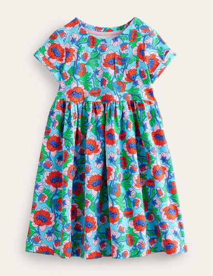 Short Sleeve Fun Jersey Dress-Aqua Blue Poppies