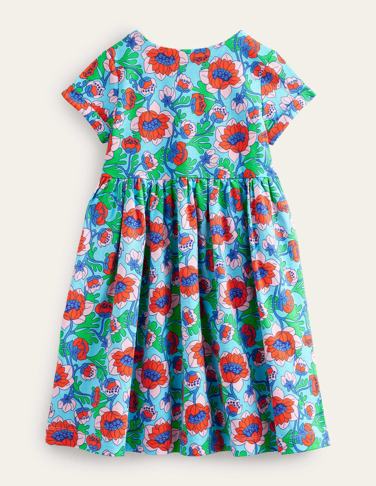 Short Sleeve Fun Jersey Dress-Aqua Blue Poppies - Image 2