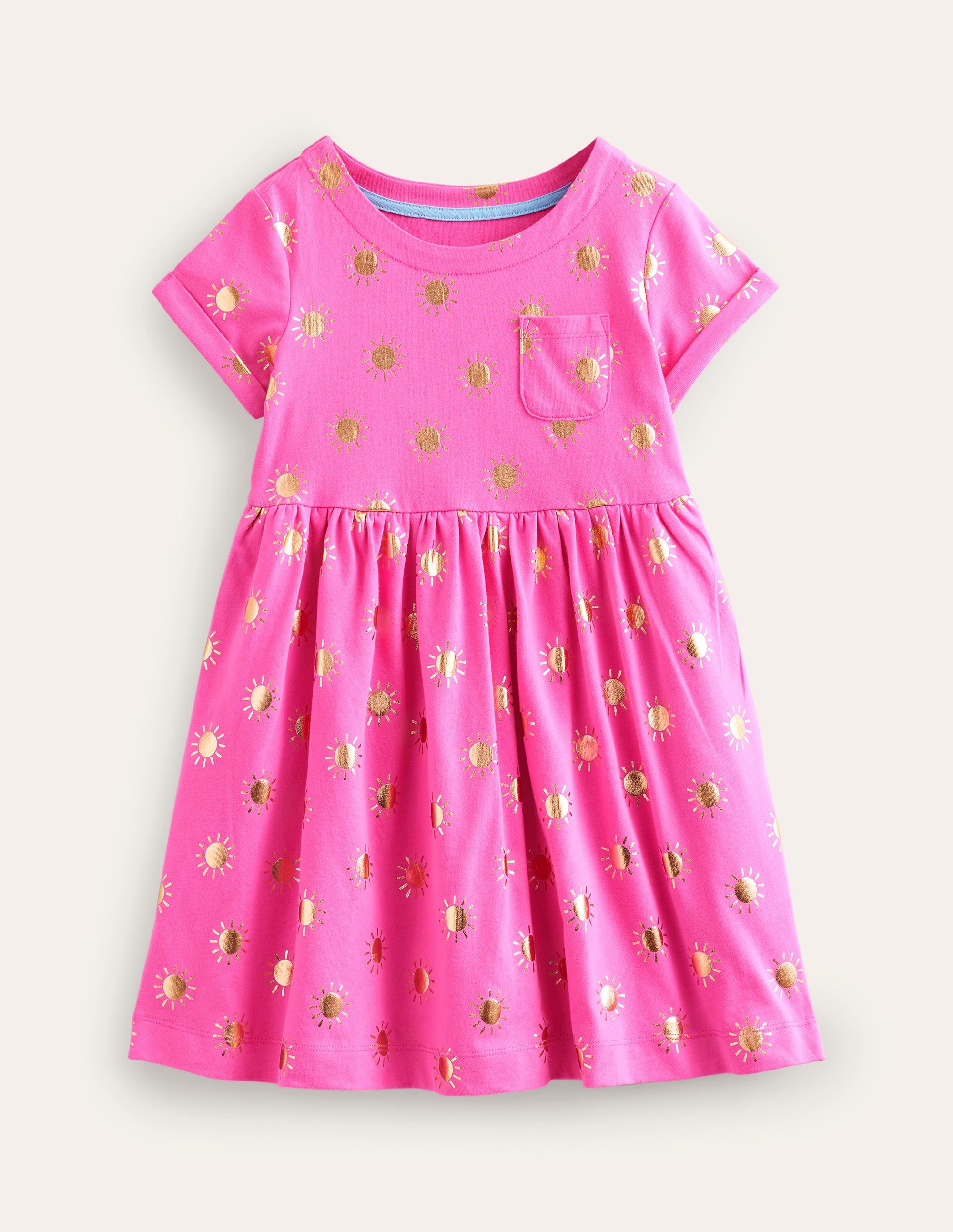 Short Sleeve Fun Jersey Dress-Tickled Pink/Gold Suns - Image 1
