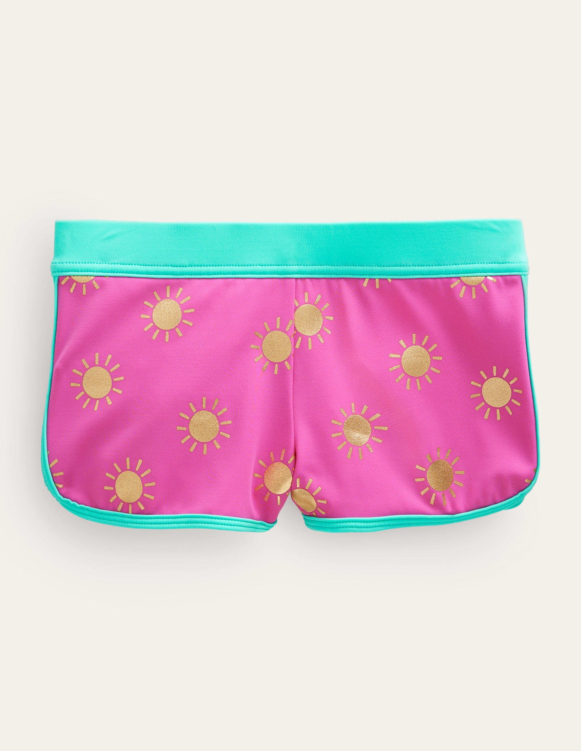 Patterned Swim Shorts-Tickled Pink Gold Foil Suns-1