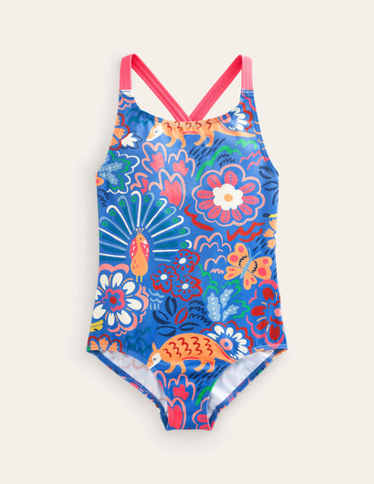Cross-back Printed Swimsuit-Blue Leopard Safari-1