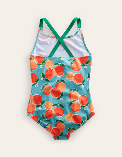 Cross-back Printed Swimsuit-Aqua Blue Oranges-2