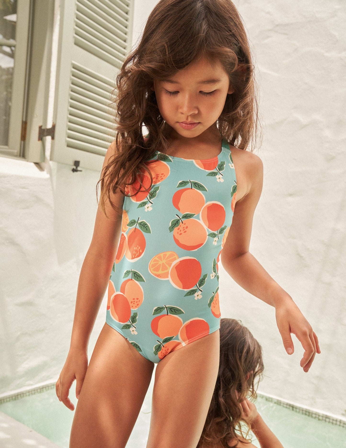 Cross-back Printed Swimsuit-Aqua Blue Oranges