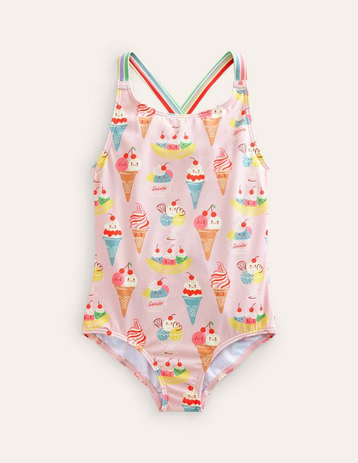 Cross-back Printed Swimsuit-Pink Tourmaline Ice Cream