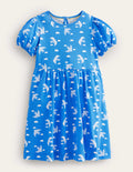 Puff Sleeve Jersey Dress-Cabana Blue Birds