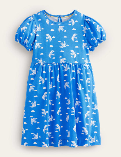 Puff Sleeve Jersey Dress-Cabana Blue Birds-1