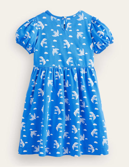 Puff Sleeve Jersey Dress-Cabana Blue Birds-2