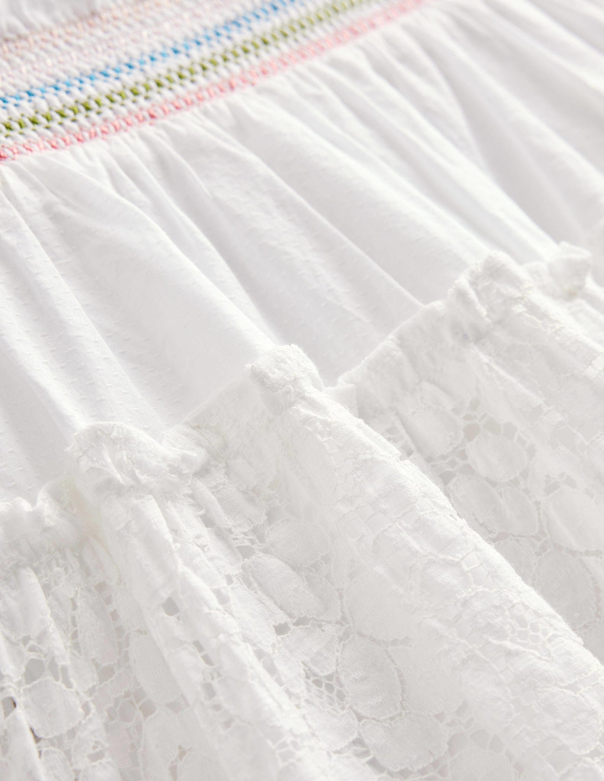 Smocked Tiered Midi Skirt-White-3
