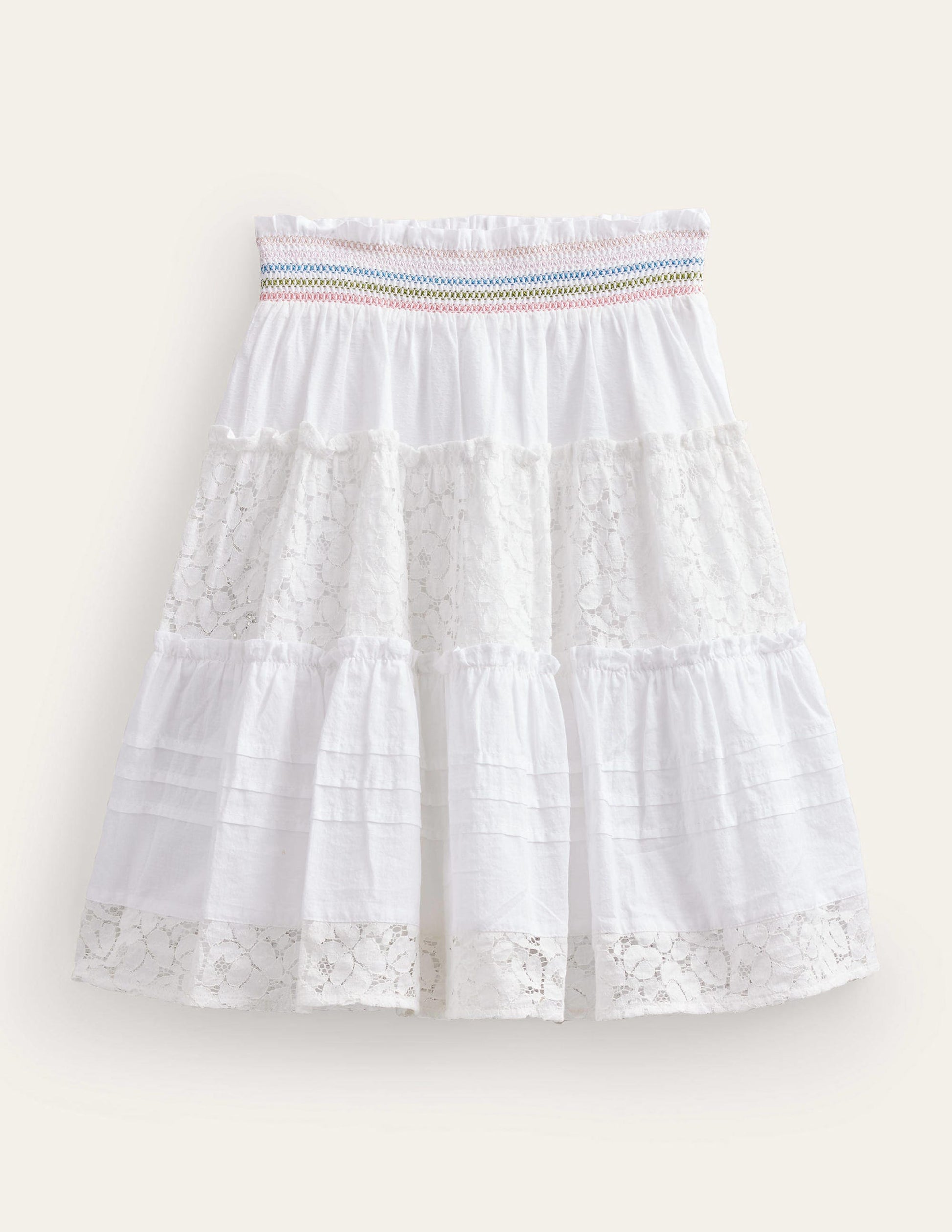 Smocked Tiered Midi Skirt-White-1
