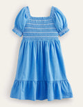 Shirred Holiday Dress-Penzance Blue