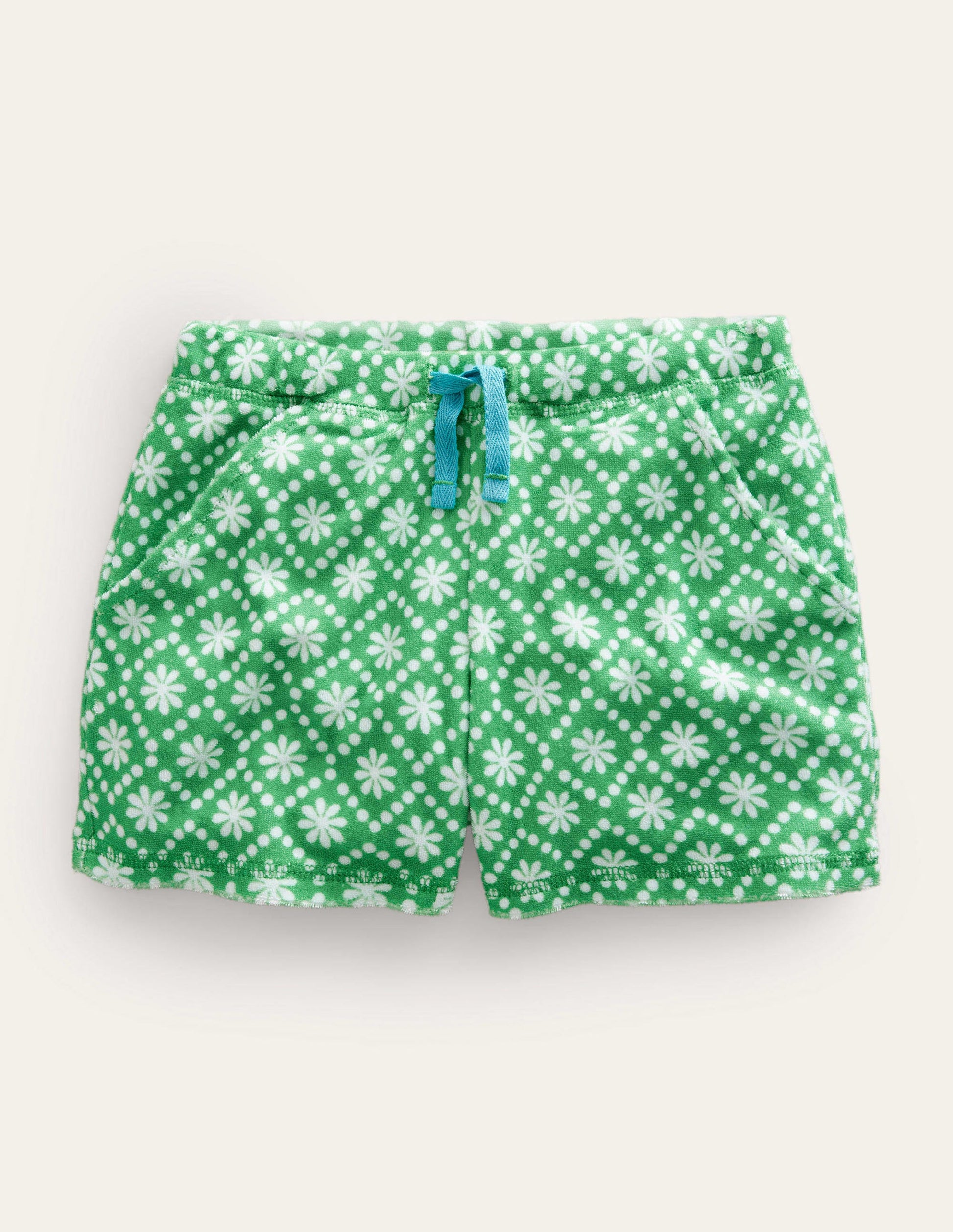Printed Towelling Shorts-School Green Daisies-1