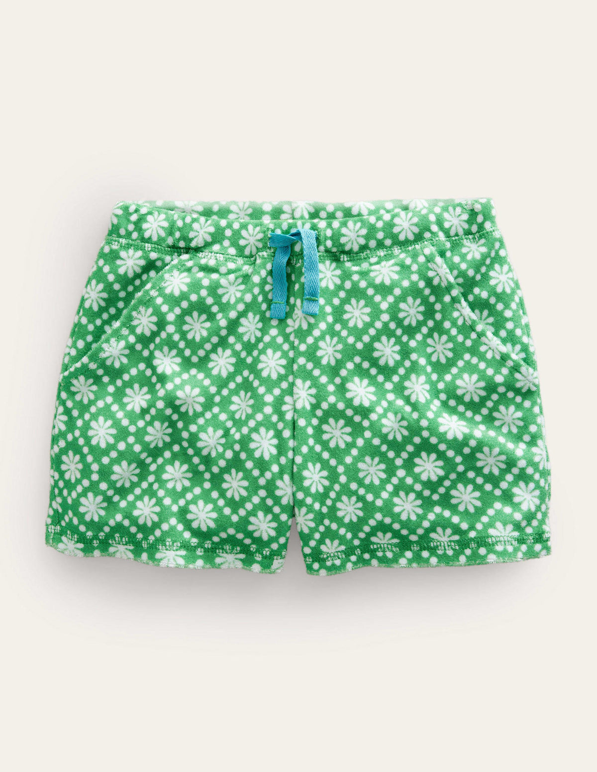 Printed Towelling Shorts-School Green Daisies - Image 1