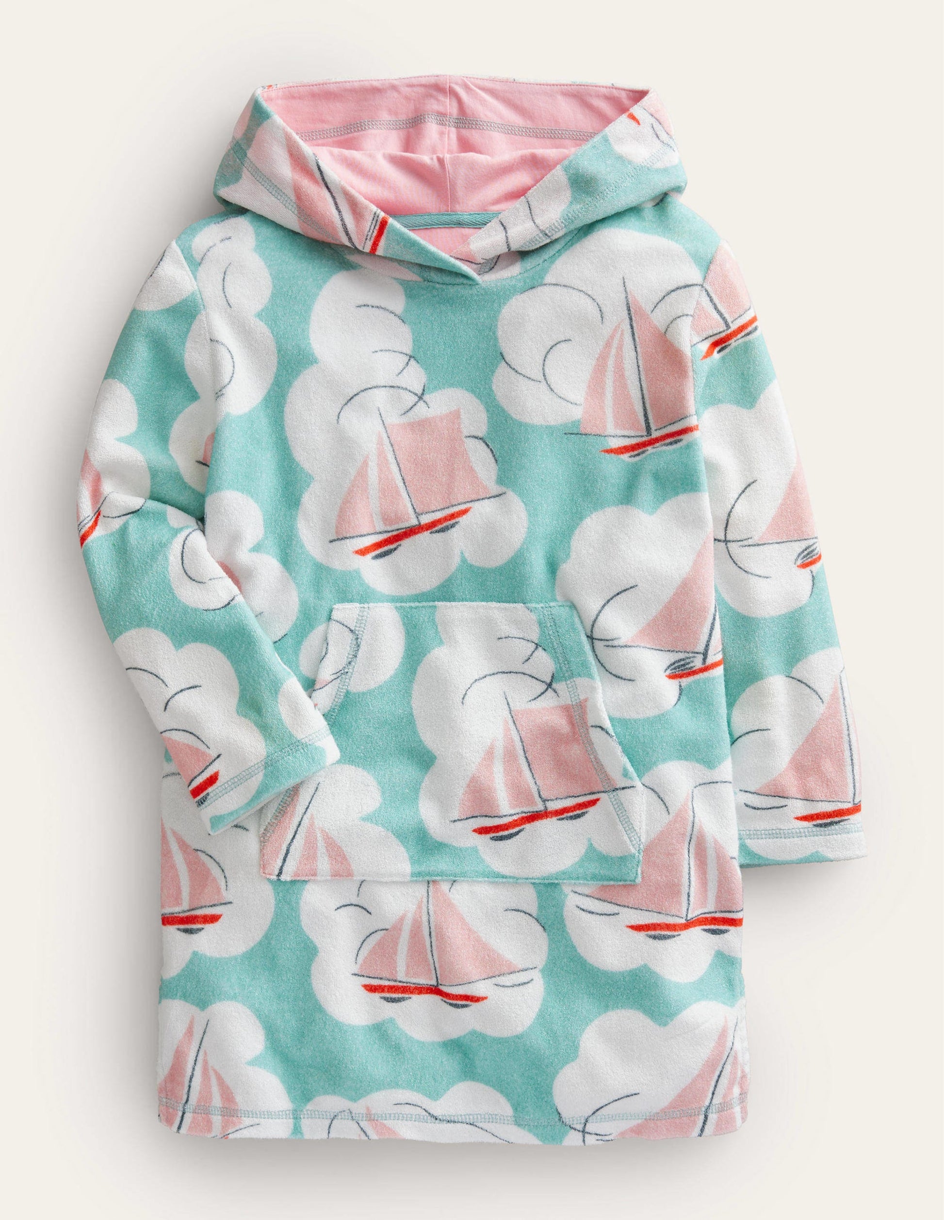 Pattern Towelling Beach Dress-Aqua Sea Blue Boats-1