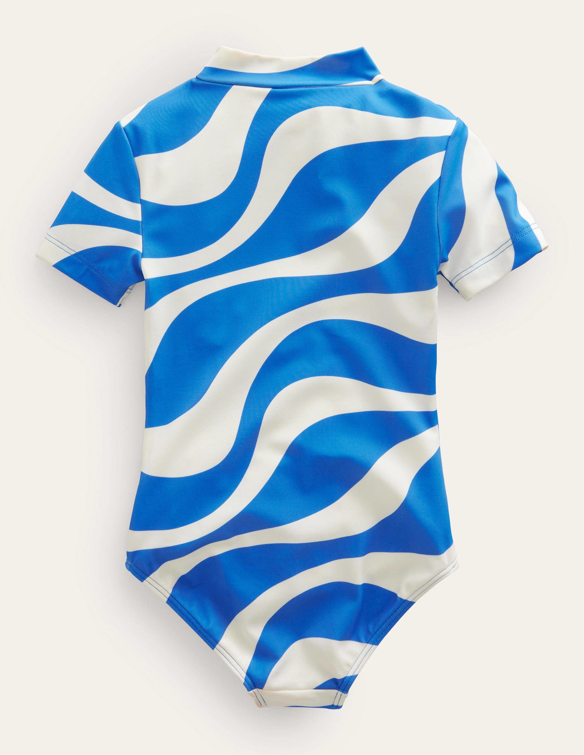 Short-sleeved Swimsuit-Ivory and Cabana Blue Wave-2
