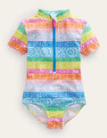Short-sleeved Swimsuit-Ivory, Multi Wallpaper Stripe