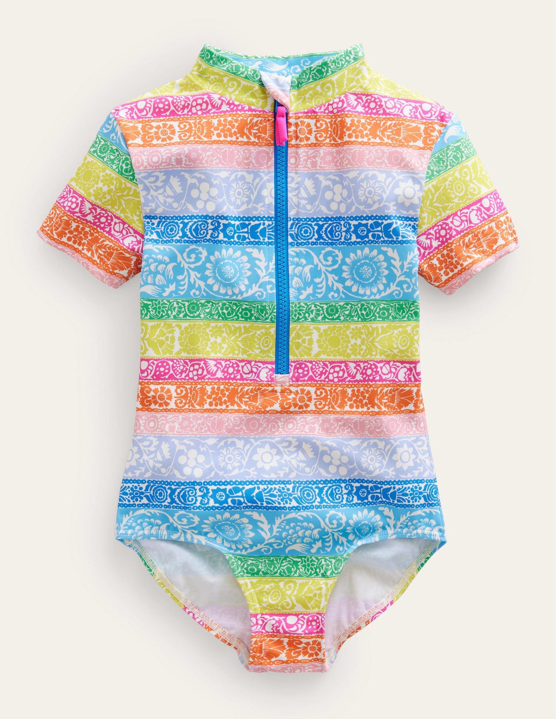 Short-sleeved Swimsuit-Ivory, Multi Wallpaper Stripe-1