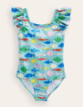 Flutter Sleeve Swimsuit-Aqua Sea Multi Fish