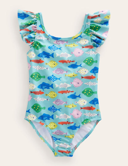 Flutter Sleeve Swimsuit-Aqua Sea Multi Fish-1