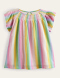 Woven Smocked Top-Rainbow Gradient Stripe
