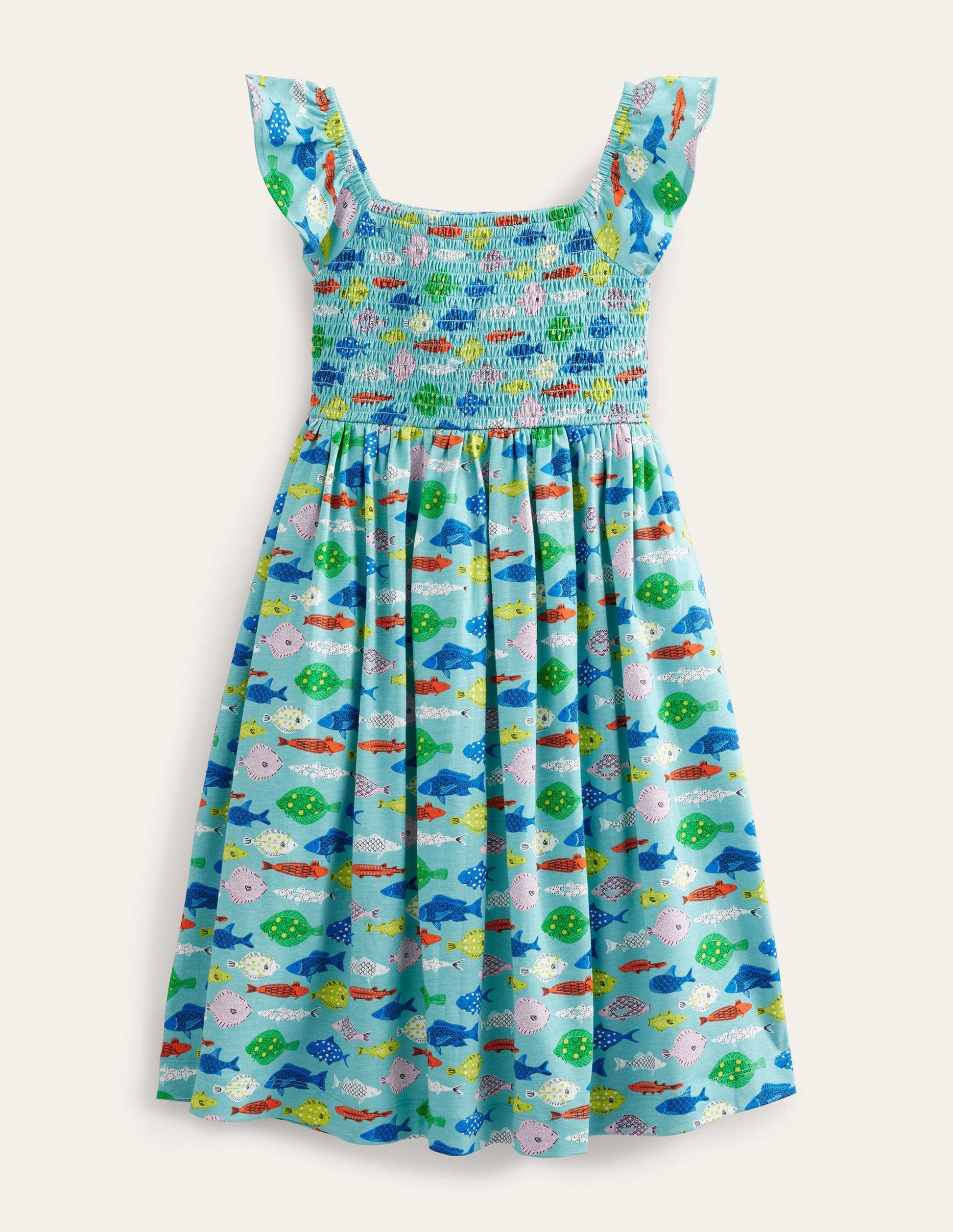 Shirred Jersey Dress-Aqua Sea Blue Fish-1