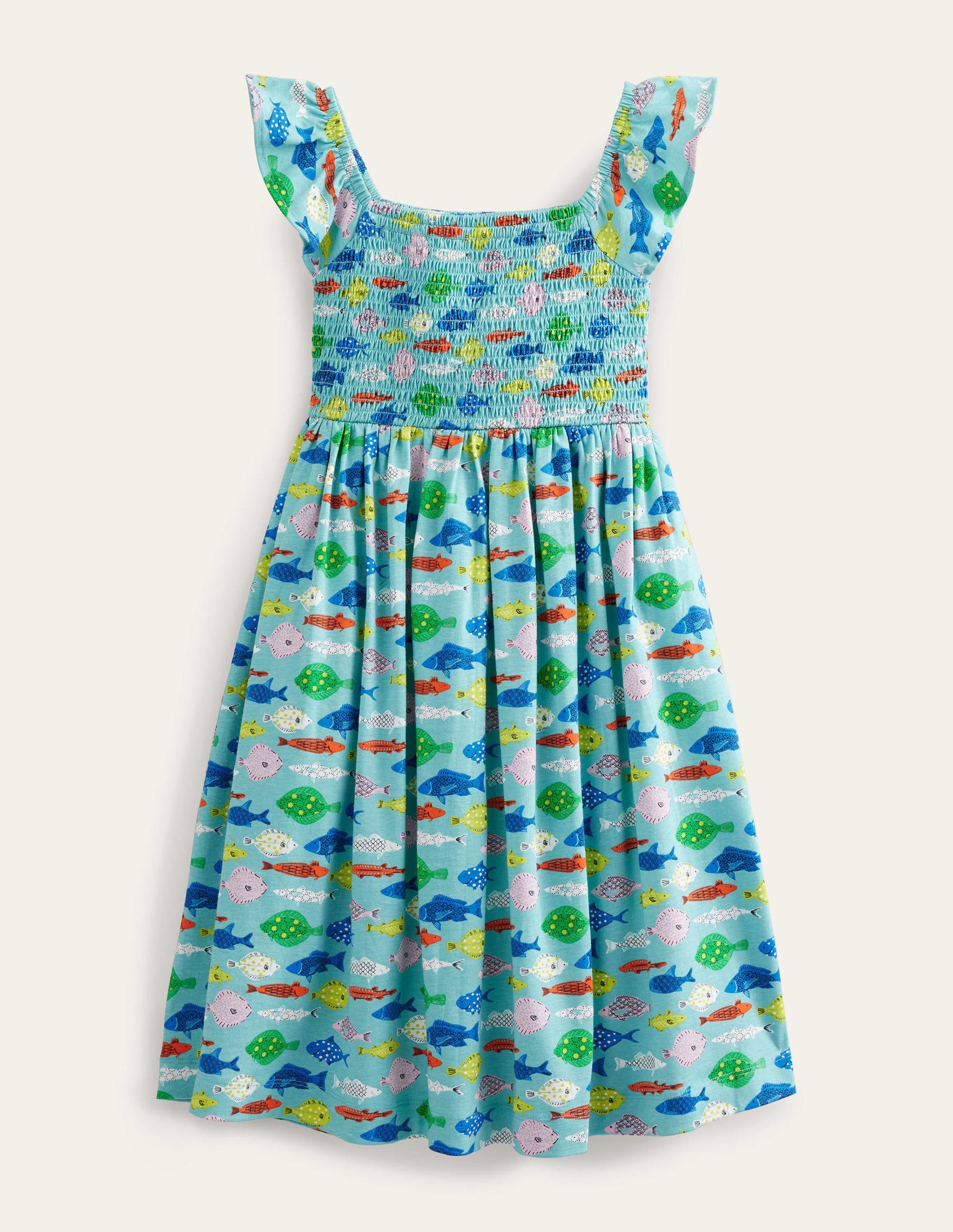 Shirred Jersey Dress-Aqua Sea Blue Fish - Image 1