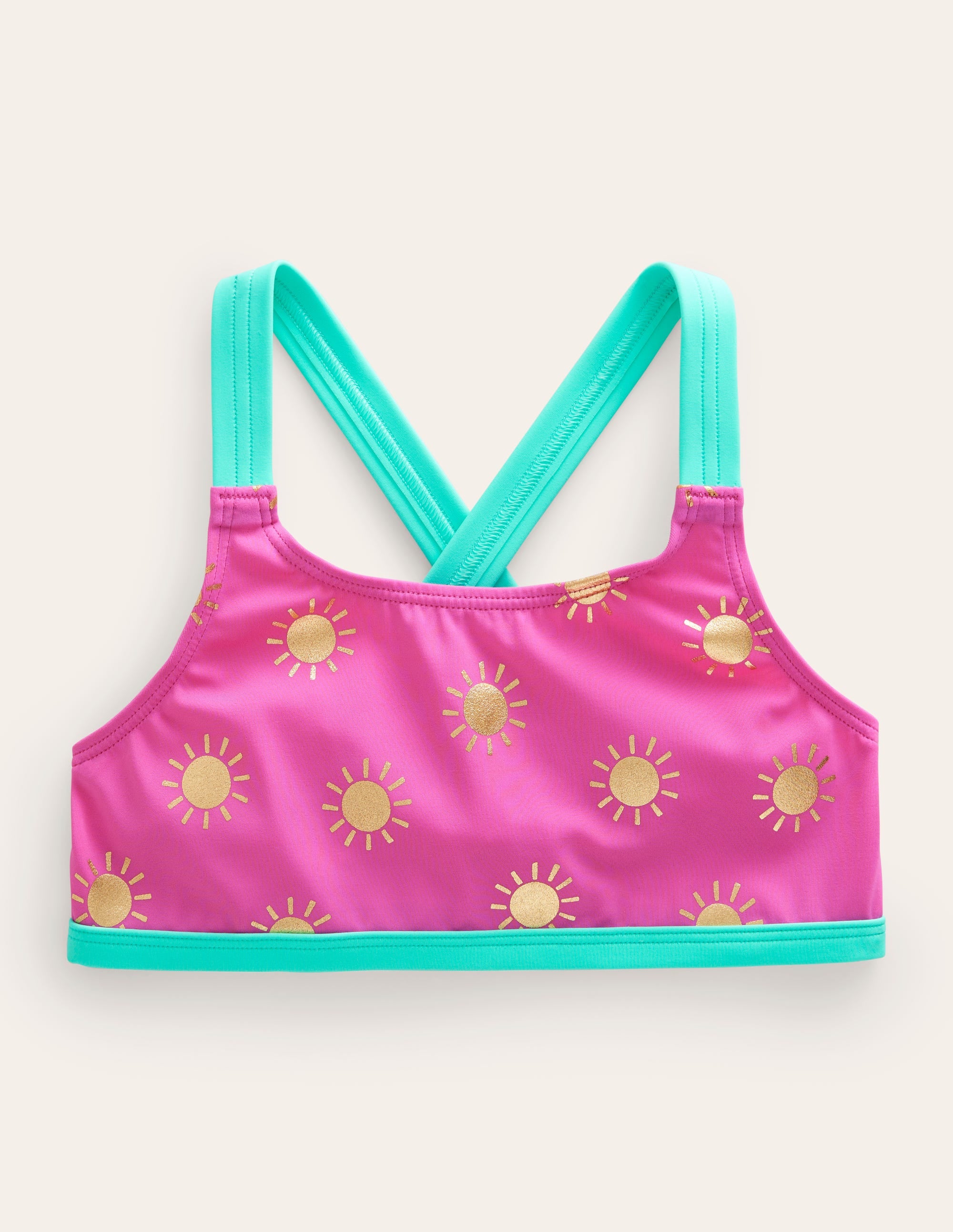 Cross Back Bikini Top-Tickled Pink Gold Foil Suns - Image 1