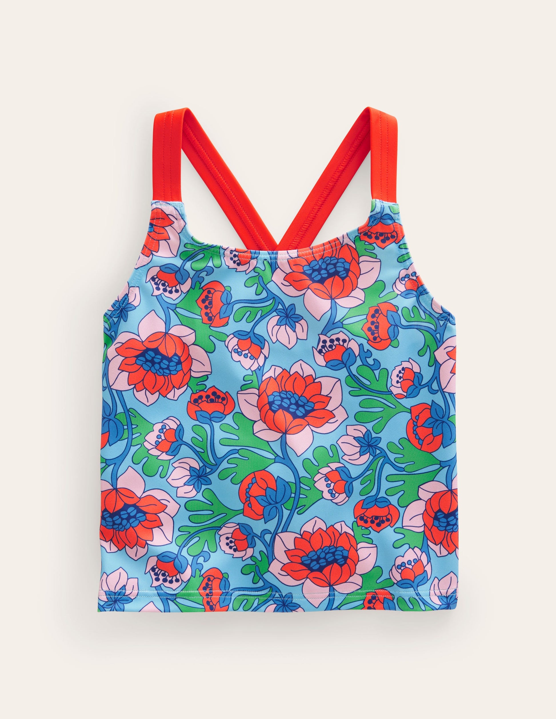 Cross Back Tankini Top-Red Poppy Spring Time Floral-1