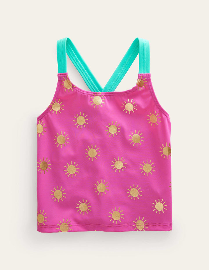 Cross Back Tankini Top-Tickled Pink Gold Foil Suns