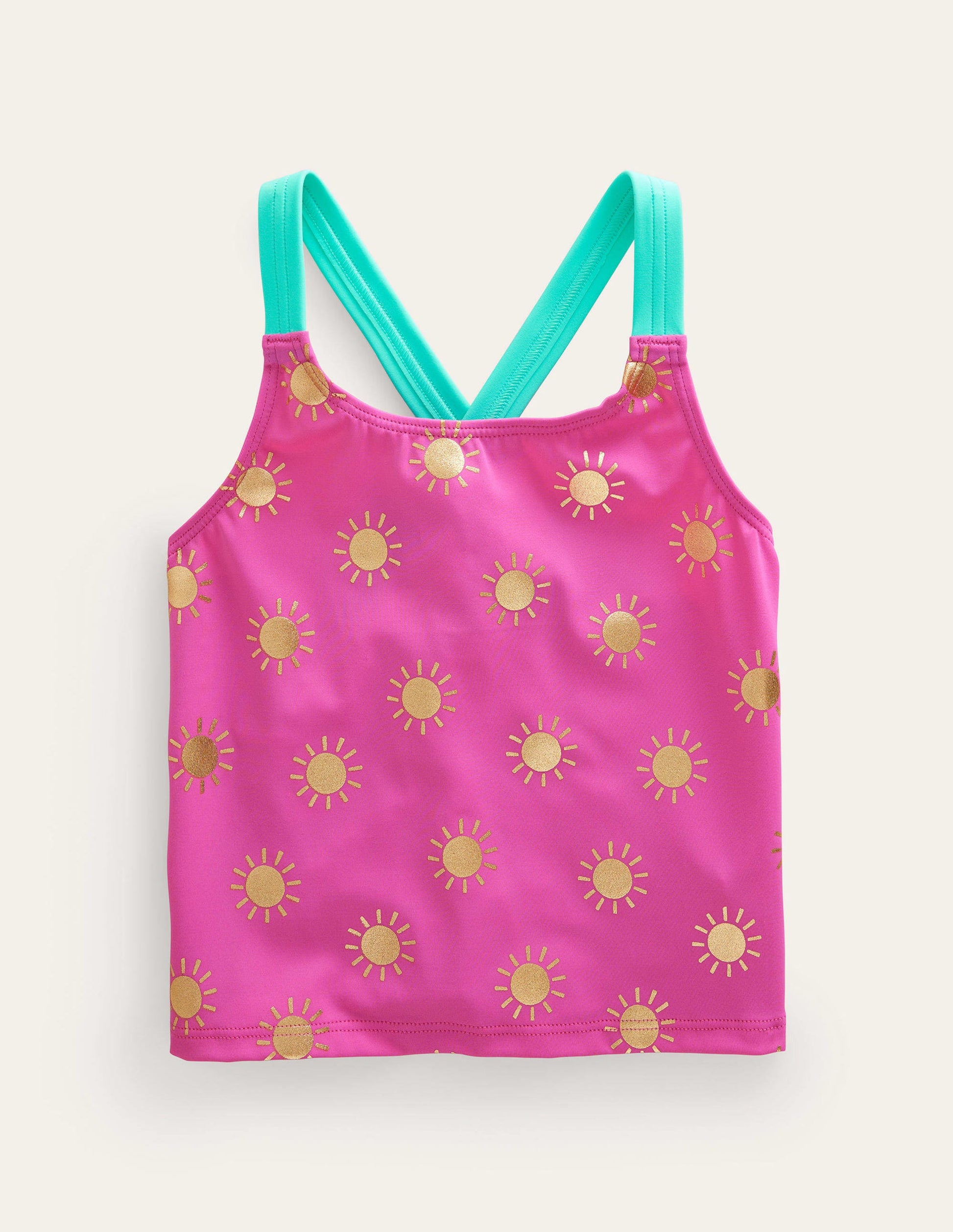 Cross Back Tankini Top-Tickled Pink Gold Foil Suns-1
