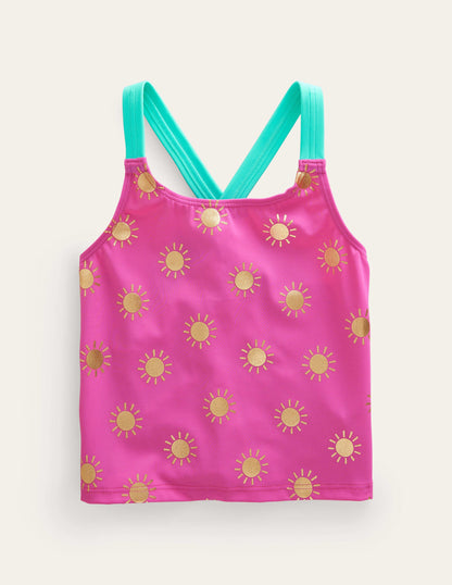 Cross Back Tankini Top-Tickled Pink Gold Foil Suns-1