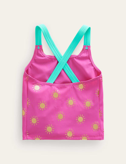Cross Back Tankini Top-Tickled Pink Gold Foil Suns-2